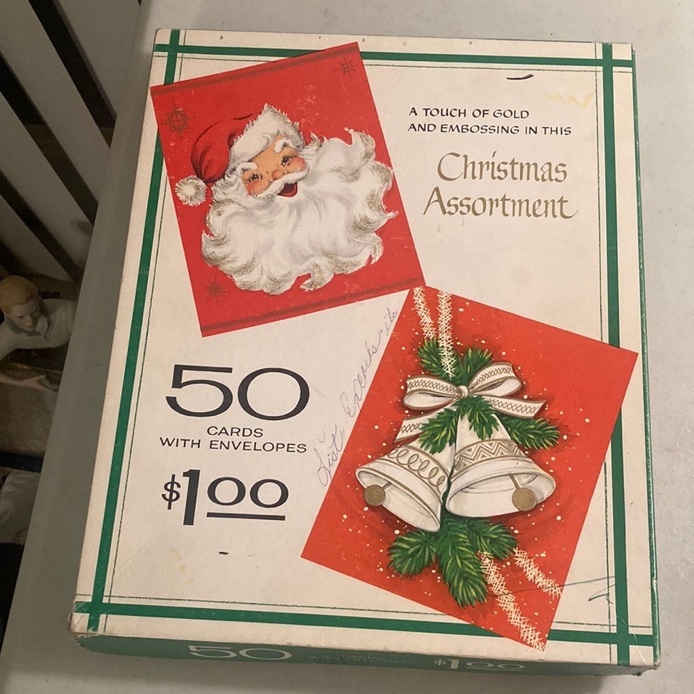 Vintage Christmas Cards single + stacks from 1940s - 1970s in an original box